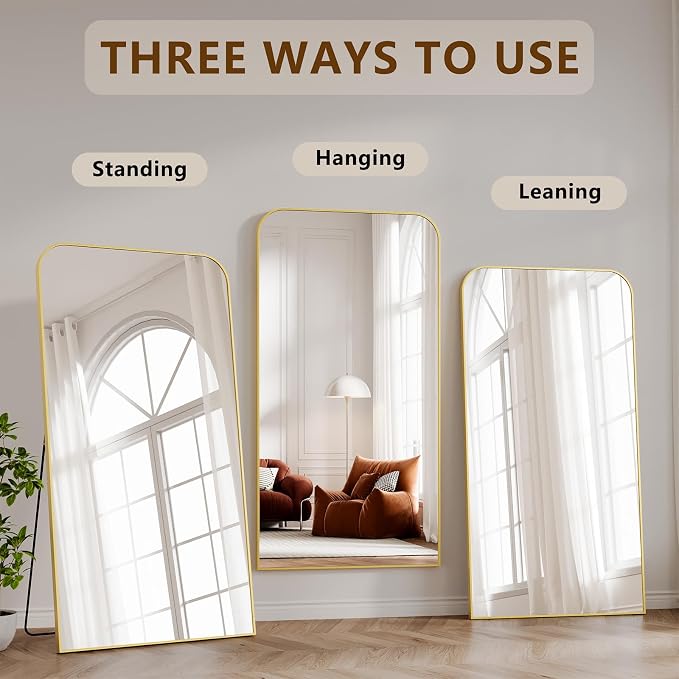 Koonmi Full Length Mirror, 76"x34" Mirror Full Length with Stand | Domed Top Square-Edged ShatterProof Floor Mirror with Gold Aluminum Alloy Frame for Bedroom Living Room Home Gym