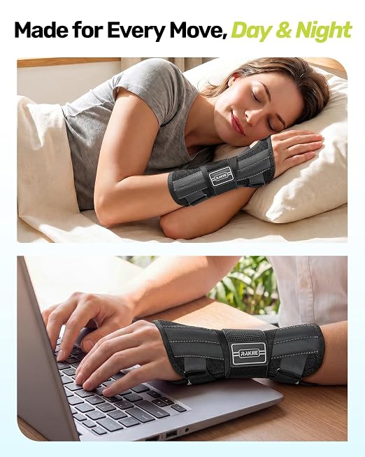 Rakiie Upgraded Carpal Tunnel Wrist Brace, Night Sleeping Support for Arthritis, Sprain & Tendonitis Pain Relief, Flexible 3-Bar Support, Breathable Hand Splint for Typing, Work & Housework, Fit for Men & Women (Gray, Small, Left Hand)