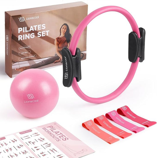 Pilates Ring Set 14" Magic Circle, 9" Mini Ball, Resistance Bands | Foam-Padded Fiberglass Pilates Ring, 400 lb Anti-Burst Ball, Latex Bands, Guide & Bag, Pilates Equipment Kit for Home Workout