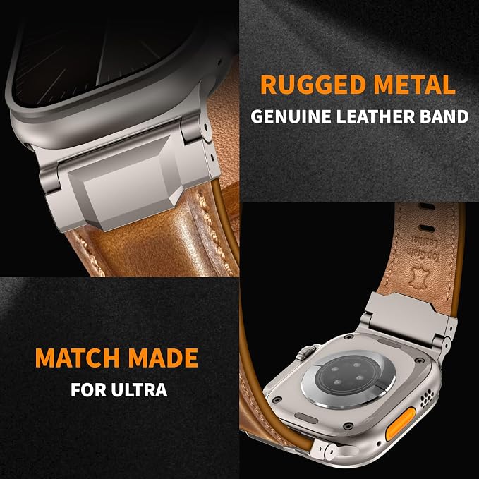 Bands Compatible with Apple Watch Ultra 3/2/1 Band 49/46/45/44mm | Genuine Leather Metal Connector Strap for iWatch Ultra Series 11/10/9/8/7/SE/6/5/4/3/2/1, Brown/Titanium