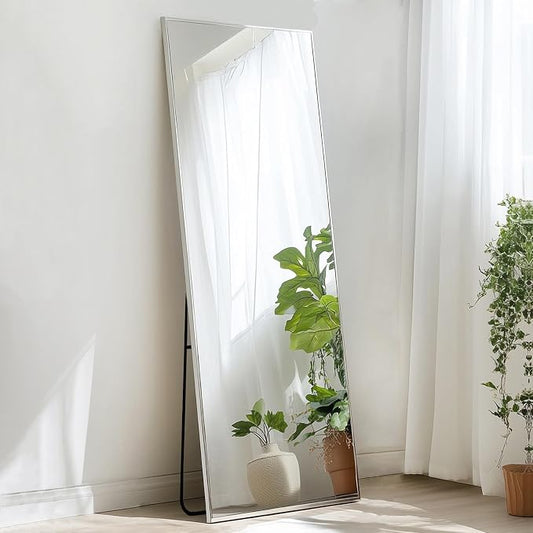48x16 inch Floor Length Mirror, Silver Wall Mirror Full Length | Nickel Brushed Metal Frame, No Distortion, Silver Full Length Mirror for Bedroom, Living Room, Entryway, Bathroom, Nursery