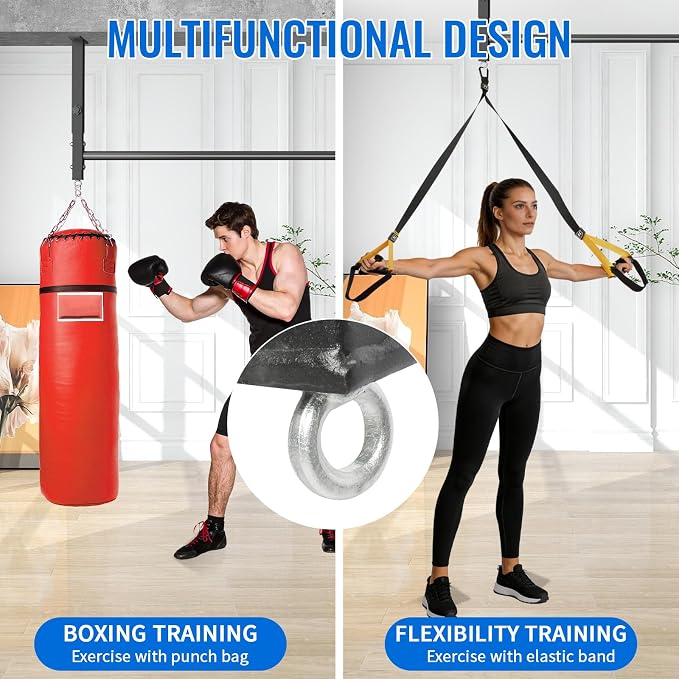 48" Ceiling Mount Pull Up Bar, Adjustable Height, 700LBS Capacity | Includes suspension trainer straps.For home gym,garage,basement.Ideal for pull ups & full body stretching.