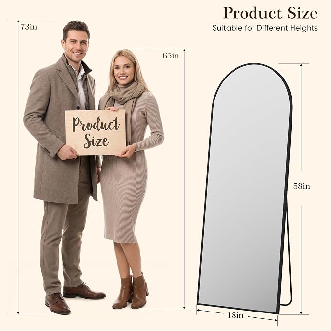 58"x18" Arched Full Length Mirror with Stand, Free Standing Leaning Wall Mounted Aluminum Alloy Frame Mirror for Bedroom Living Room Cloakroom, Black