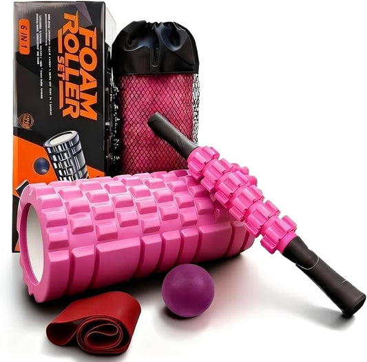 Aucuu 6 in 1 Foam Roller Set Includes Hollow Core Massage Roller, Yoga Stick, Massage Ball, Fitness Stretching Strap, Carrying Bag, Towel, Massage Roller (Pink)