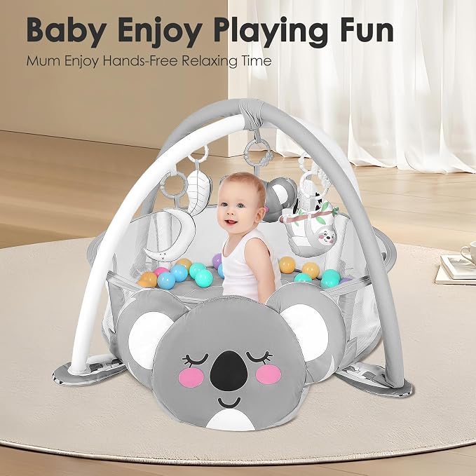 dearlomum Koala 4-in-1 Baby Play Mat Gym, with Ball Pit | Includes 30 Balls & 5 Learning Sensory Toys, Floor Gym Playmat for Newborn Infant Tummy Time, Ball Pit, Boy & Girl Gift