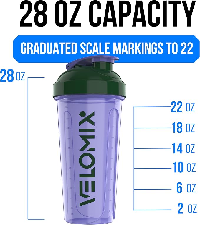 VELOMIX 2 Pack 28oz Protein Shaker Bottle for Protein Mixes, Green/Purple | 2x Wire Whisk, Leak Proof Shaker Cups for Protein Shakes, Stackable, Dishwasher safe, BPA free, Pre Workout and Fitness ready