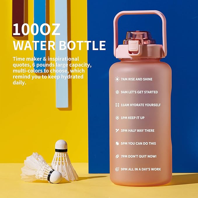 ST-YIBEN 64oz,100oz,128oz Large Motivational Water Bottle with Time Marker, Leakproof & BPA Free Half Gallon Big Water Bottle with Straw Handle Tritan Frosted Water Jug for Gym,Fitness,Outdoor Sports