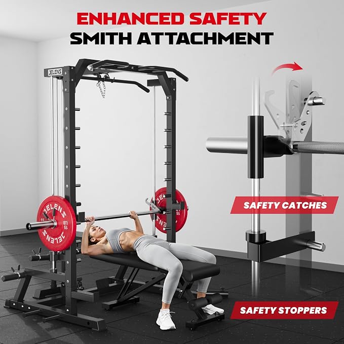 SR01 Smith Machine, 2000LBS Multi-Function Power Cage with LAT Pulldown System, All-in-One Home Gym Squat Rack with Smith Bar and Training Attachments for Full Body Workouts