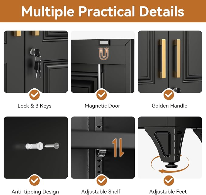 Polup 71" Tall Metal Armoire Wardrobe Closet with Lock | Heavy Duty Steel Clothing Storage Cabinet with Hanging Rod, 3 Adjustable Shelves & 2 Doors for Bedroom, Office, Broom, Black