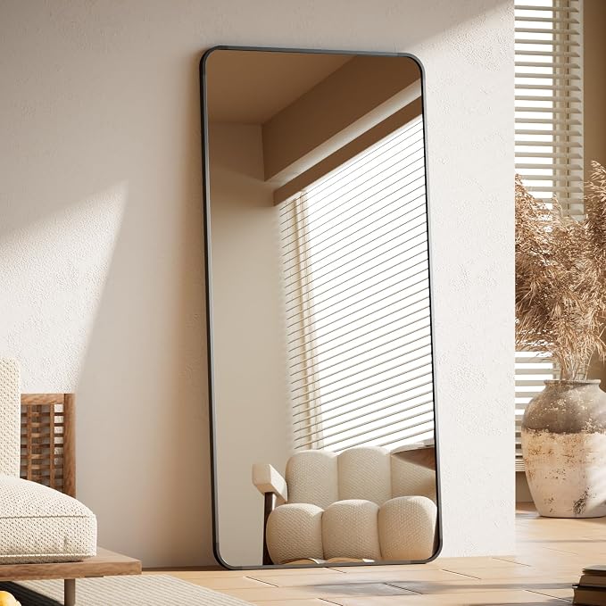 BEAUTYPEAK 71" x 32" Rounded Corner Full Length Mirror with Stand, Black | Aluminum Alloy Frame with Standing, Leaning, or Wall-Mounted, Ideal for Bedroom, Dressing Room, Entryway, and Living Room