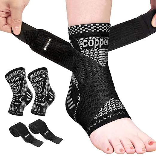 INDEEMAX Ankle Brace for Sprained Ankle Compression Sleeve, Copper Infused Ankle Support Brace for Women & Men, Plantar Fasciitis Relief Achilles Tendonitis, Sports Running, Silver Black, L