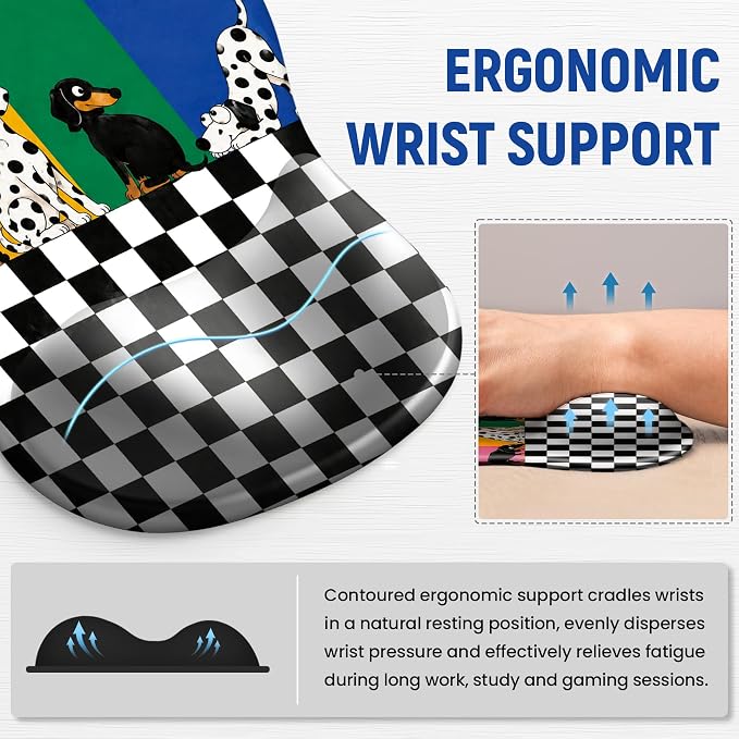 Ergonomic Mouse Pad with Wrist Rest, Gel Wrist Support, Checker Dog | 10.2 x 7.6 in Mouse Pad with Smooth Fabric Surface and Non-Slip Rubber Base for Office, Home, Study, and Gaming