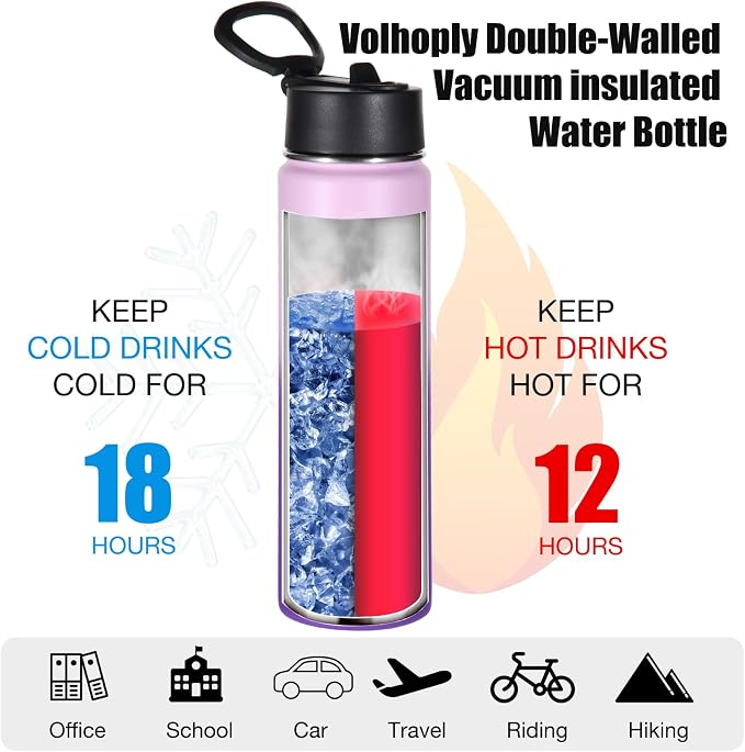 Volhoply 24oz Insulated Water Bottle With Straw Bulk 3 Pack,Metal Wide Mouth Water Bottles With Handle Keep Cold,Reusable Double Wall Cups,Powder Coated Sport Bottle For Holder(Purple,3 Count)