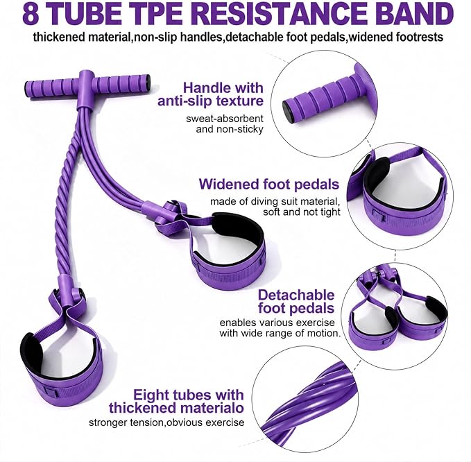 Pedal Resistance Bands with Handles, Separated 8-Tube Multifunction Exercise Bands, Yoga Tension Rope, Natural Rubber Elastic Equipment for Abdomen, Waist, Arm, Leg Stretching