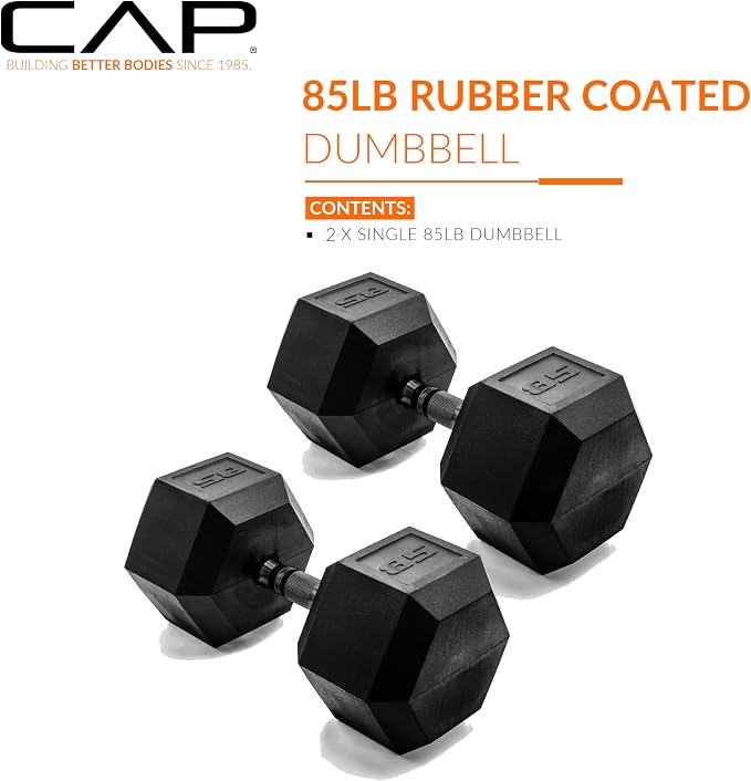 CAP Rubber Coated Dumbbell Weights, Free Weights for Home Gym Strength Training, Anti-Roll Hex Dumbbells with Black, Chrome & Comfort Grip Handles, Pairs & Sets