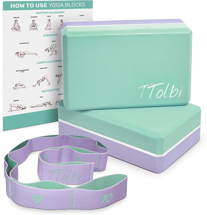 Yoga Blocks 2 Pack with Strap and Guide – Soft Non-Slip EVA Foam Blocks | High-Density Pilates Blocks for Home Workouts, Dance, Ballet, Gymnastics & Stretching Exercise, Dance Accessories and Gifts