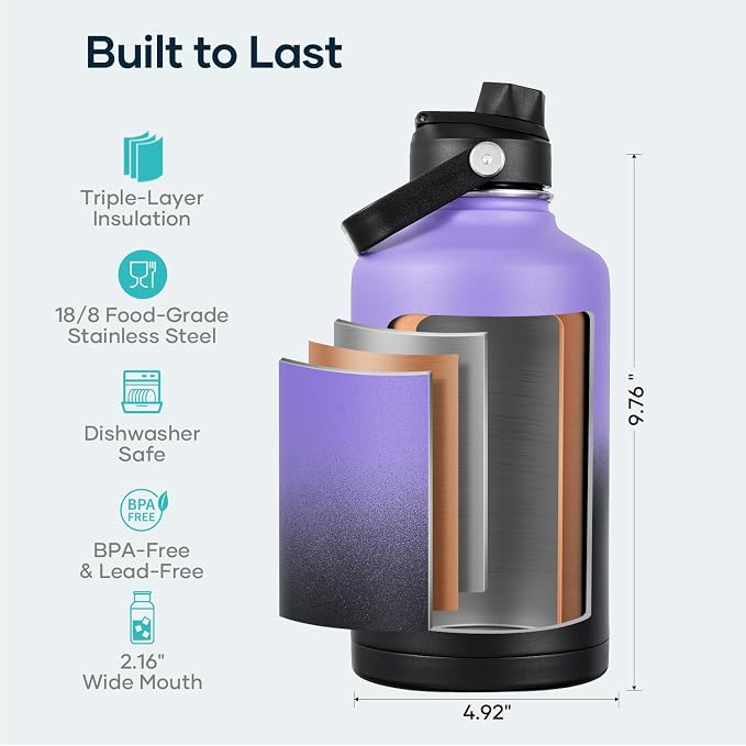 BUZIO 64oz Insulated Water Bottle with Straw Lid and Spout Cap, Stainless Steel Powder-Coat Water Flask, Keep Beverage Cold for 48 Hrs Hot for 24 Hrs Simple Thermo Canteen Mug, Purple Black
