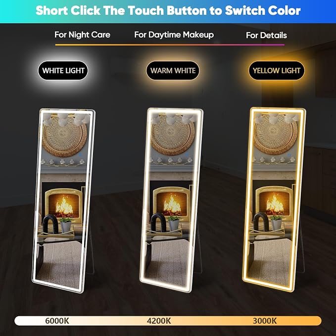OLIXIS LED Full Length Mirror with Lights, Full Body 21x 64 | Standing Lighted Floor, 3 Color Lighting, Wall Mounted Bedroom Bathroom Entryway, Tempered Glass