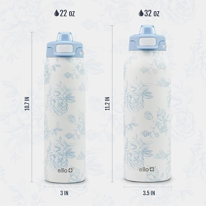 Ello Pop & Fill Insulated Stainless Steel Water Bottle with Quick Fill Lid, Leakproof Locking, Sip or Chug Spout, BPA-Free, Double Wall Vacuum Insulated for Sports, Travel & School- 22oz / 32oz / 40oz