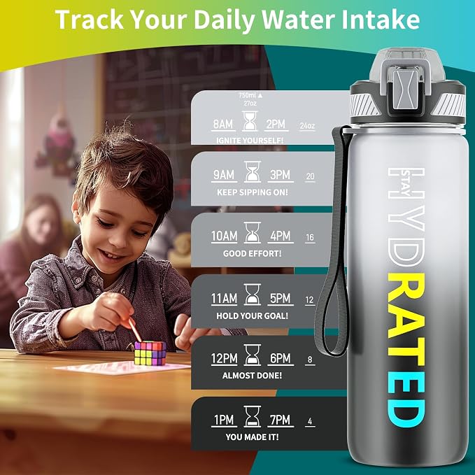 QLUR Water Bottle with Straw, 27oz Motivational Water Bottles with Time Marker to Drink, Tritan BPA Free, 750ml Sports Water Bottle with Carry Strap LeakProof for School Fitness Outdoor (1Pack)