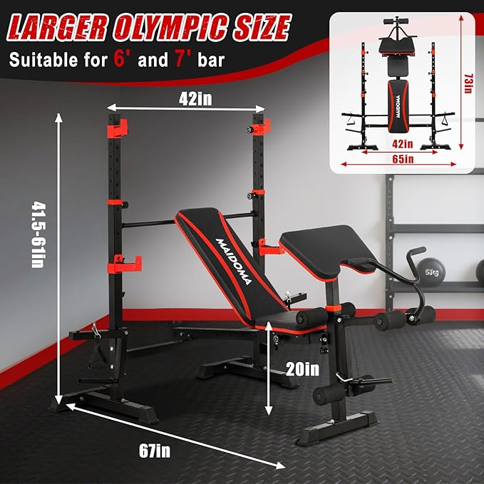 MAIDOMA Foldable Weight Bench with Rack - 8 IN 1 Bench Press Set, Leg Extension, Preacher Curl & Flat/Incline/Decline Full Body Olympic Workout Bench for Home Gym(42"IN WIDE GRIP)