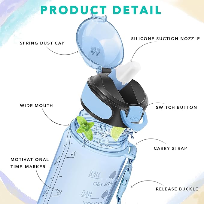 Enerbone 32 oz Water Bottle with Times to Drink and Straw, Motivational Drinking Water Bottles with Carrying Strap, Leakproof BPA & Toxic Free, Ensure You Drink Enough Water for Fitness Gym Outdoor