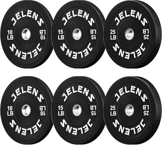 JELENS Olympic Barbell Weight Plates Set, 2-Inch Black/Colored Rubber Bumper Plate Weight Set for Strength Training and Weightlifting, Multiple Options