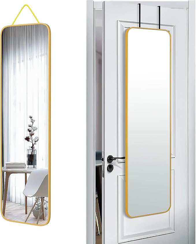 SCWF-GZ 47x14 Mirror Full Body Length Door Hanging/Rope Hang/Wall Mounted Metal Frame Rectangle Mirrors for Bedroom Bathroom Dressing Living Room 47 inch Gold