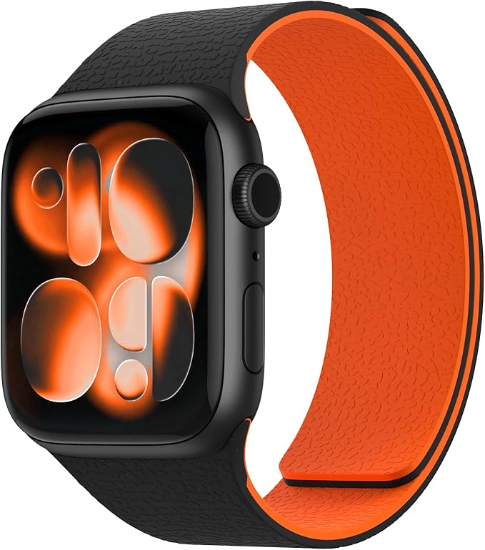 Magnetic Silicone Band Compatible with Apple Watch Band 42mm 41mm 40mm 38mm Series 11 10 9 8 7 6 5 4 3 & SE 3/2/1 Strong Magnetic Clasp, Waterproof & Adjustable (Black + Orange)