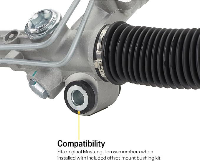 T-Bird Power Steering Rack & Pinion & Offset Bushings, For 82-88 Mustang II | All New Construction with Premium Internals, Includes Offset Bushings and AN6 Adapters, 2.5 Turn Lock to Lock Steering