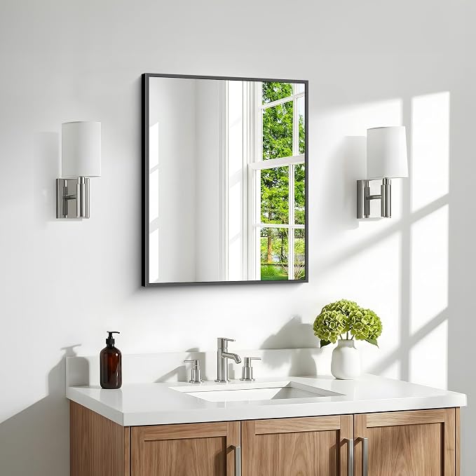 BONEWEI Bathroom Mirror,20x24 inch Wall Mirror for Bathroom Wall Mounted Black Rectangle Square Corner Mirrors,Black Bathroom Mirror for Living Room,Farmhouse,Bedroom Entryway,Horizontal/Vertical