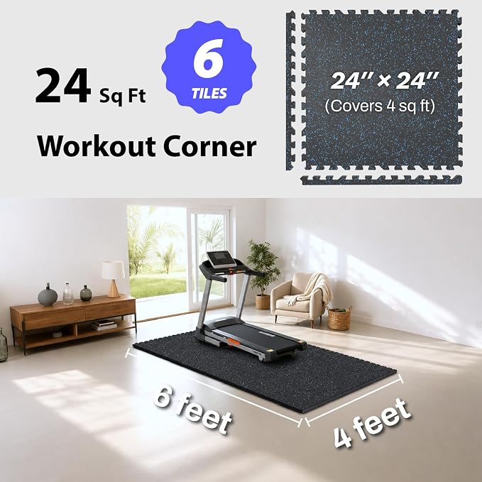 AIRHOP 1" Ultra-Thick 24 Sq Ft Rubber Top Gym Flooring for Home Gym | 6 Tiles, High Density EVA Foam, Waterproof & Non-Slip Rubber, Interlocking Puzzle Mats, Heavy Duty Floor Protection, 24"x24"