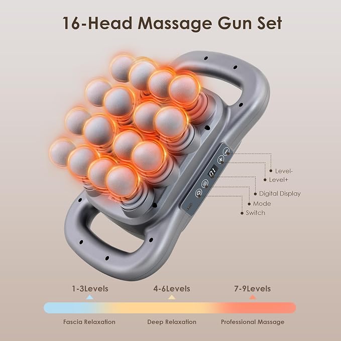 16 Head Massage Gun Set, Deep Tissue Massager, Silver Grey