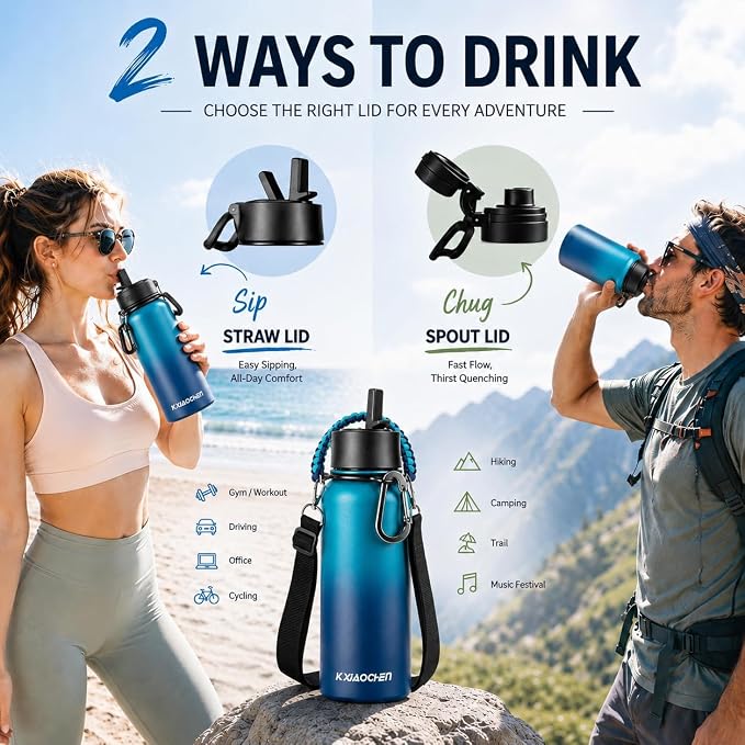 KXIAOCHEN Insulated Water Bottle with Strap, 48-Hour Cold, 2 Lids | Triple-wall insulation, lead-free 18/8 Stainless steel, paracord handle, carabiner clip, for gym, hiking, camping and travel
