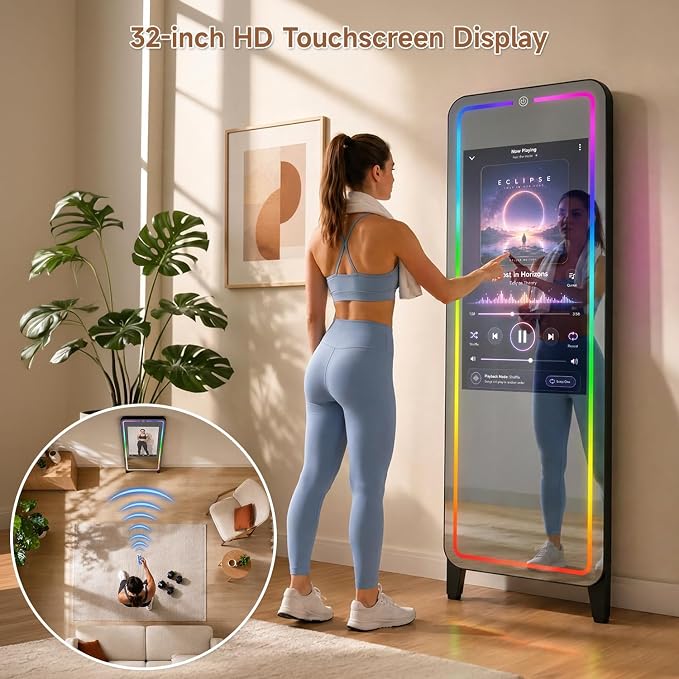 Smart Fitness Mirror for Home Gym Workout, 32" Touchscreen & Open System, No Subscription Fees, Support Fitness Apps, Wall Mount & Free Standing, Can be Used with Home Workout Equipment