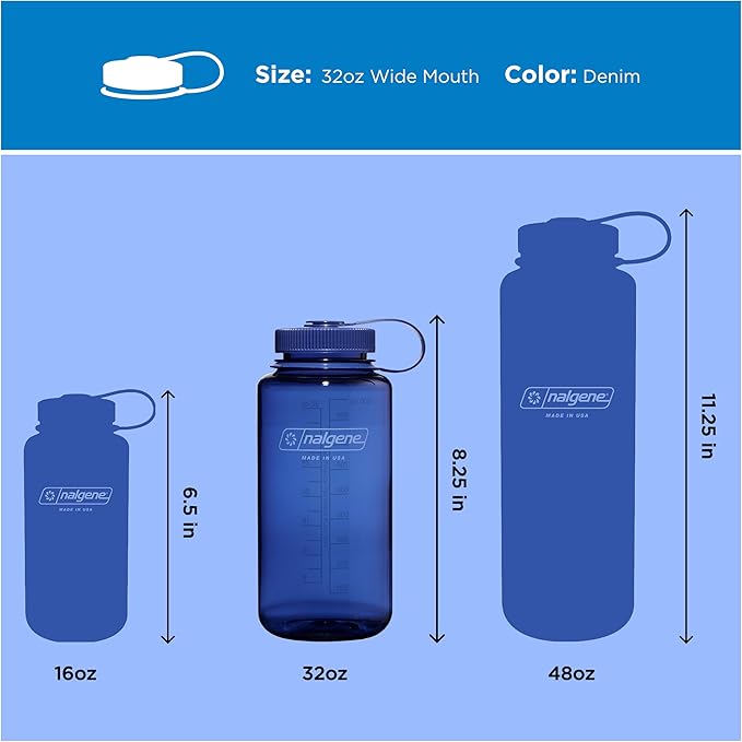 Nalgene 32 oz Wide Mouth Water Bottle, Denim | BPA-Free, Durable & Lightweight, Leak Proof, Dishwasher Safe, Large Reusable Plastic Bottle for Hiking, Gym, Work & Travel