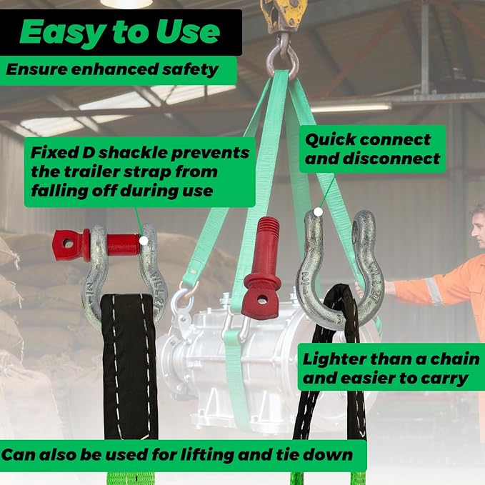 HENBOW Heavy Duty Flat Lift Sling with D Ring Shackle,8'X2 Lift Sling Straps 4400 lbs Safety Load，Web Sling for Hoist Car Tree Saver Winch Recovery