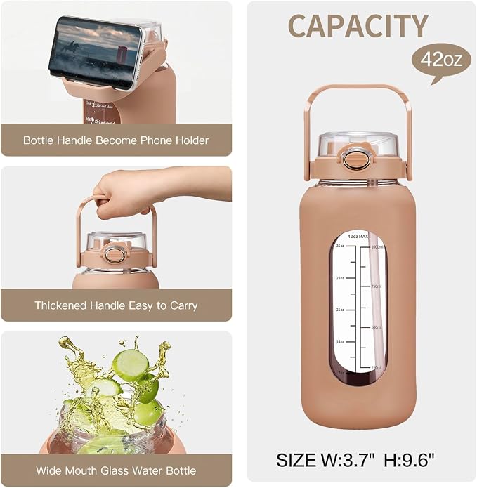 chunmo 42oz/52oz/64oz Glass Water Bolttles with Straw Half Gallon Large Motivational Water Bottle with Time Marker Sports Water Bottles with Silicone Sleeve and Handle Lid Water Jug for Gym Workout