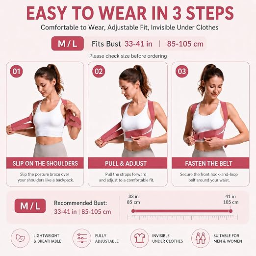Back Brace Posture Corrector for Women, Adjustable Shoulder Support Strap, Invisible Back Straightener, Lightweight Breathable Posture Support for Daily Comfort, Office and Home Use