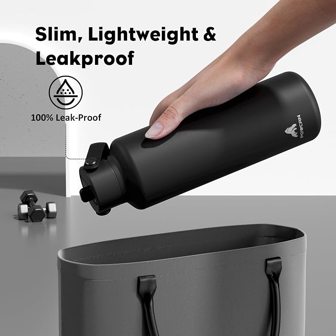 POWCAN 24 oz Slim Insulated Water Bottle with Straw: 2 Lids, Leakproof, Keep Cold 24H, Cupholder Friendly, Cleaning Brush, BPA-Free, Metal Water Bottle for Sport, Travel, School, Gym (Midnight)