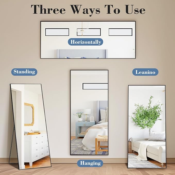 NEWBULIG 56"x15" Full Length Mirror, Full Body Standing Mirror, Black | Leaning or Standing, Tempered Glass, Aluminum Alloy Thin Frame Floor Stand for Bedroom, Cloakroom