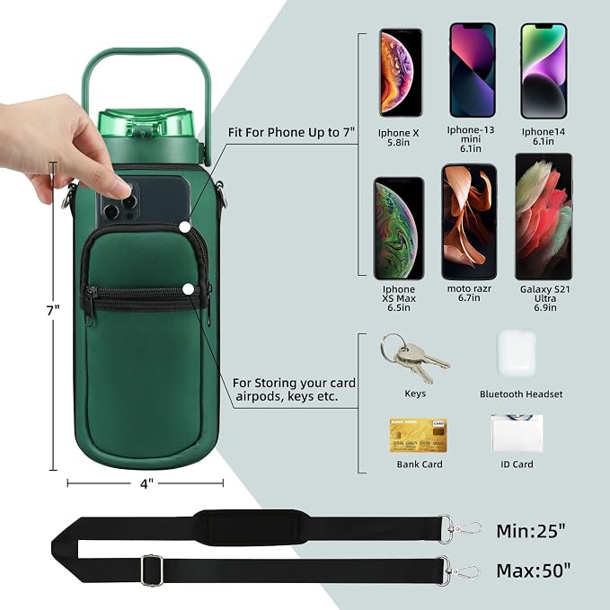 chunmo Half Gallon 64oz Glass Water Bottle with Straw and Storage Sleeve Motivational Water Bottle with Strap and Time to Drink 2L Leakproof Reusable Water Jug for Fitness Gym and Outdoors