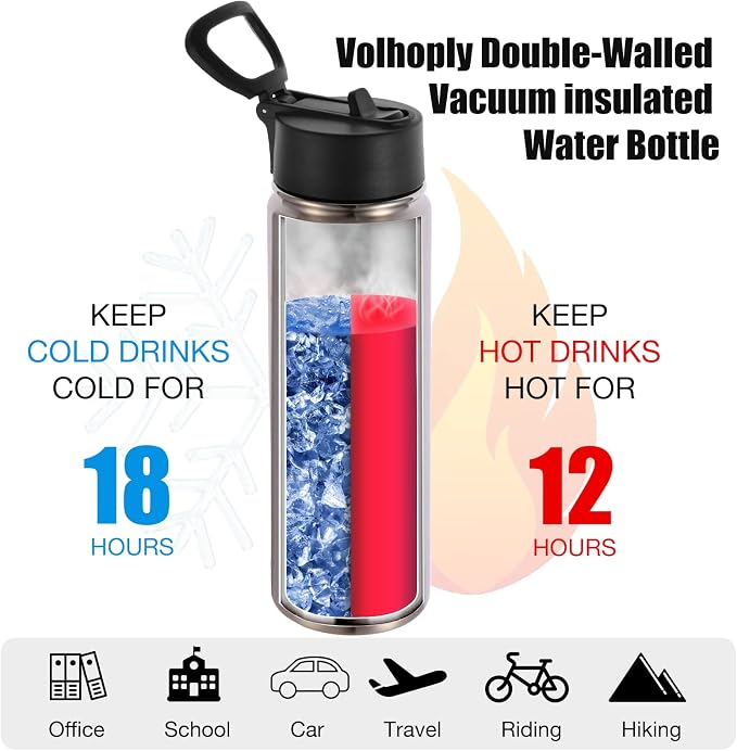 Volhoply 24 Ounce Insulated Water Bottle with Straw Lid,Stainless Steel Wide Mouth Sport Bottles with Handle,Double Wall Vacuum Cups Keep Cold,Reusable Travel Thermal Cups For Holder,Gym(Silver,1)