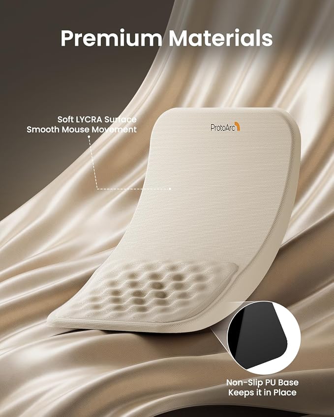ProtoArc MP50 Ergonomic Mouse Pad with Wrist Support, Lycra Surface, Beige | 8° slope & massage points, soft memory foam, Large 12x8 Inches, Non-slip base. Relieves wrist strain for office & home