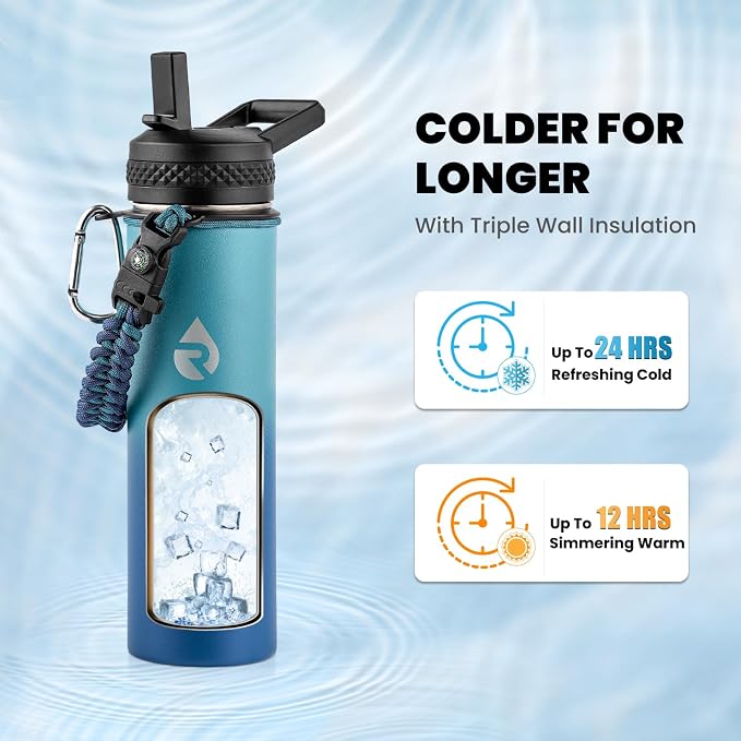 RAYMYLO Insulated Water Bottle 20 oz, Triple Wall Vacuum Stainless Steel | (Cold for 24Hrs, Hot for 12Hrs), Leak Proof & Non-BPA, Modern Water Bottle Jug for School with Straw Spout Lids
