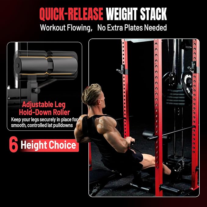Mikolo F4 2.0 Power Cage with Dual-Track Smooth Pulley System, 1200LBS Power Rack with Leg Hold-Down for Heavy LAT Pulldowns