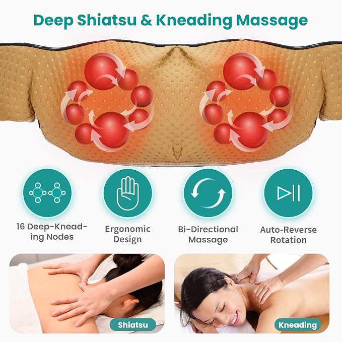 Nekteck Shiatsu Neck Massager with Heat for Pain Relief, NOT Cordless | 2026 Upgraded 3D Back Shoulder Kneading Massage Pillow, 3 Intensity Speeds Deep Tissue, Relaxation Gifts for Men Women, Beige