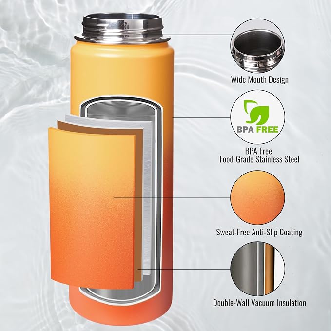 Fijinhom Insulated Water Bottle with Handle, 304 Stainless Steel Water Bottles with Wide Mouth, Double Wall Vacuum Sports Water Bottle, BPA Free, Keep Cold and Hot, 24 Ounces, Yellow&Orange