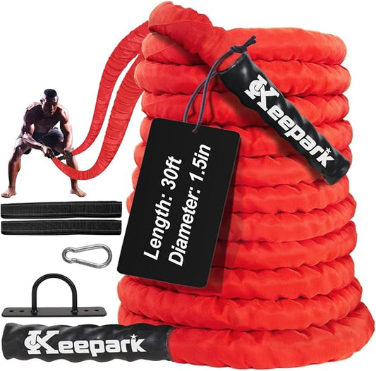 Battle Ropes for Home Gym Exercise - 1.5 Inch Diameter 30FT Red Battle Rope Workout Exercise Training Ropes with Protective Sleeve for Kids Men Women Exercise Fitness & Strength Training
