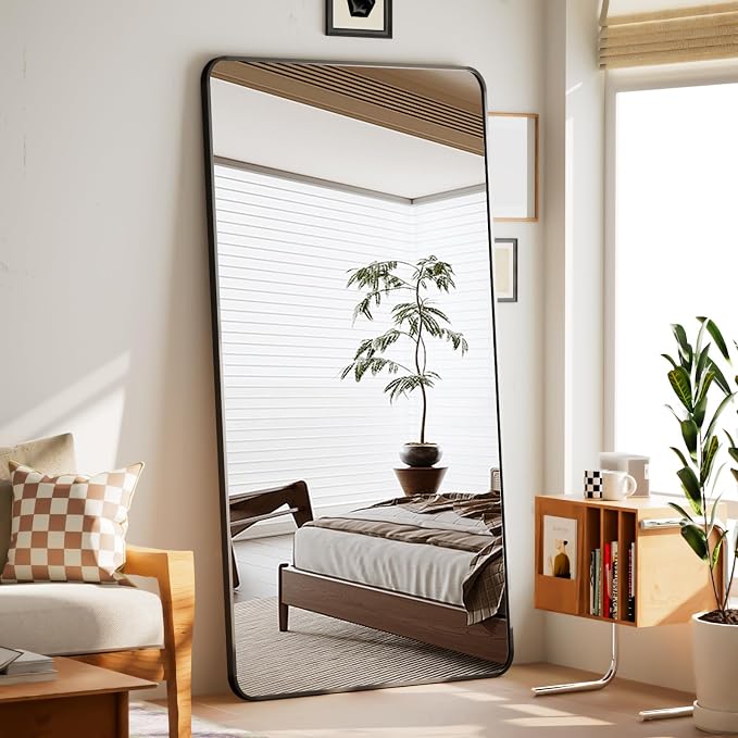 BEAUTYPEAK 71" x 32" Rounded Corner Full Length Mirror with Stand, Black | Aluminum Alloy Frame with Standing, Leaning, or Wall-Mounted, Ideal for Bedroom, Dressing Room, Entryway, and Living Room